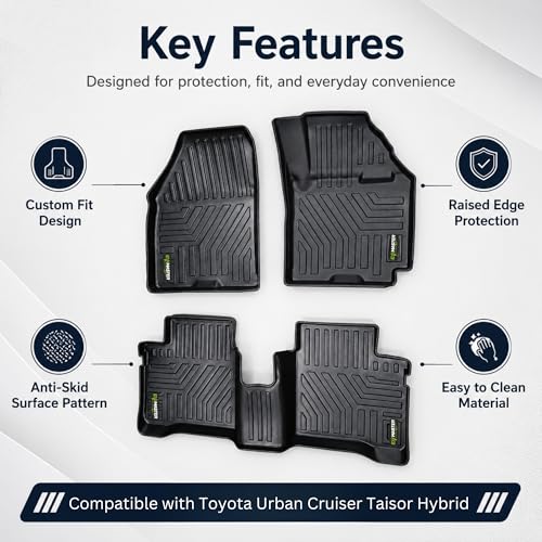 Image of EV MASTER Car Floor Mats for Toyota Taisor Hybrid (2026 Onwards) Complete Set | All Weather | Anti-Slip | Luxury Premium Car Mat | Full Coverage | Custom Fitted Car Foot Mats (5D Black)