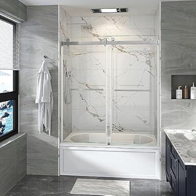 UTEIWF Shower Doors Frameless 56-60" W x 60" H Width Adjustable Double Sliding Glass Door 3/8"(10mm) Easy Clean Stainless Steel Hardware (Chrome)