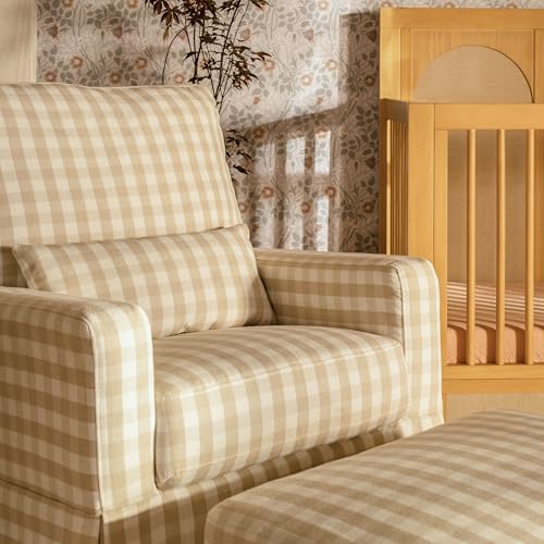 Image of Namesake Crawford Glider Recliner, Tan Gingham | 360 Swivel Ultra Cozy Glider Rocker for Feeding & Relaxing w / Lumbar Pillow - GREENGUARD Certified - For Nursery /Living Room