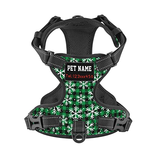 Custom No Pull Dog Harness, Personalized Christmas Snowflake Green Plaid Dog Vest with Pet Name Phone Number, Customized Adjustable Reflective Pet Harness for Large Medium Small Dogs Outdoor Walking