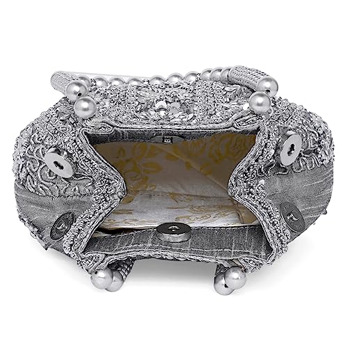 Aheli Silver Potli Purses for Women Handmade Evening Handbag Stylish Bridal Fashion Wristlet Bag for Women by Aheli - Image 6