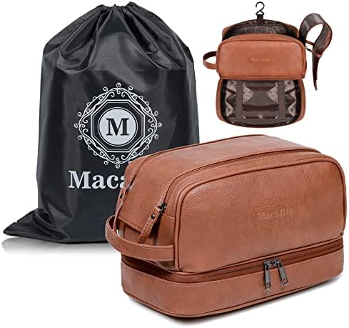 MacaRio Toiletry Bag for Men, PU Leather Mens Travel Shaving Shower Toiletries Bag, Brown 1 MacaRio Toiletry Bag for Men, PU Leather Mens Travel Shaving Shower Toiletries Bag, Brown