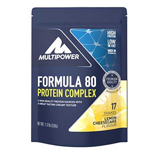 Multipower Formula 80 Protein Complex  Mehrkomponenten Protein Pulver für den Muskelaufbau  Proteinpulver mit Casein für eine langfristige Versorgung  mit cremigem Lemon Cheesecake Geschmack  510g
