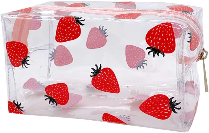 JIHUOO Clear Makeup Bags Cosmetic Bag Travel Wash Bag Toiletry Storage Pouch Pencil Case for Women Girls Strawberry