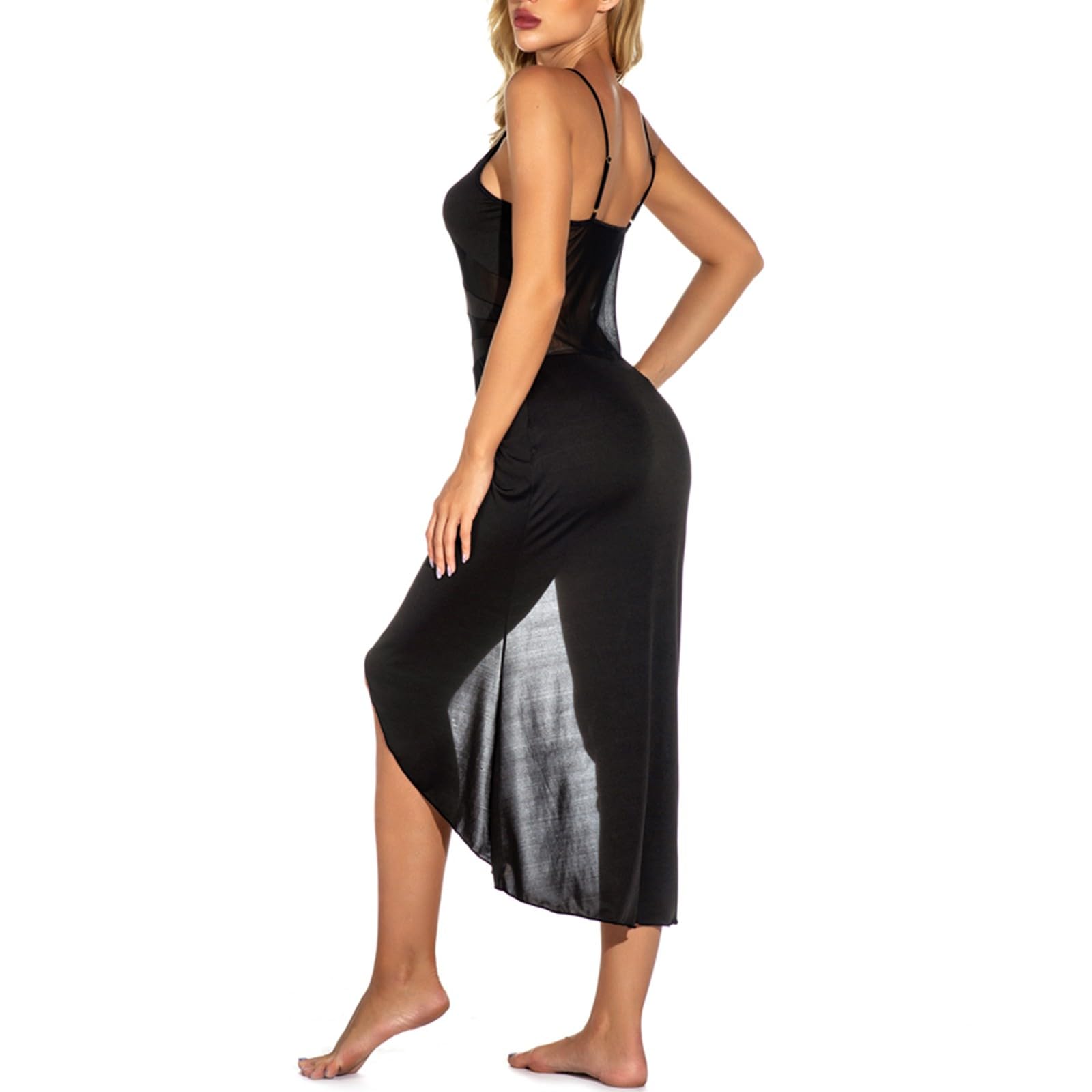 Robe longue sexy pour femme - Élégante - Fine - En maille - Avec fente haute - Sexy - Spaghetti - Chemise de nuit pour femme - Élégante perspective - Nuisette érotique - Effet mouillé - En maille