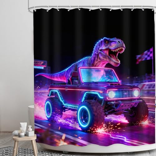 Image of Neon Dinosaur Shower Curtain Bathroom Set 60Wx71H Inches Cool Kids Boys Cartoon Racing Car Funny Dino Colorful Wheels Bath Accessories Interesting Animal Art Home Decor Fabric 12 Pack Hooks