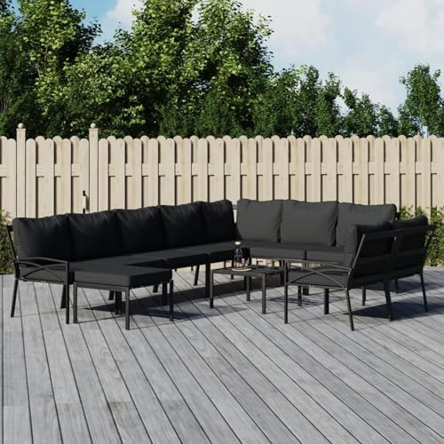 Gecheer Juego de Muebles de jardín 11 Piezas Gris Taburetes Sofa Jardin Exterior,Mesa y Sillas Exterior,Muebles Jardin con Cojines para Terraza Balcón,Esquina + 4X Medio + 4X Silla + 2X reposapiés