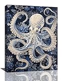 Octopus Wall Art Ocean Marine Nautical Pictures Wall Decor Navy Octopus Canvas Painting Print Home Modern Artwork Decorations Framed for Bathroom Living Room Bedroom Office 12 x 16 inch
