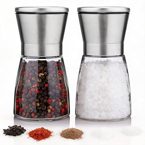 Gorgeous Salt & Pepper Grinder Set — Refillable Stainless Steel & Glass Spice Mill with Adjustable Coarseness — Perfect For Himalayan Or Sea Salts, Fresh Ground Pepper, Or Fresh Spices (2 Pack)