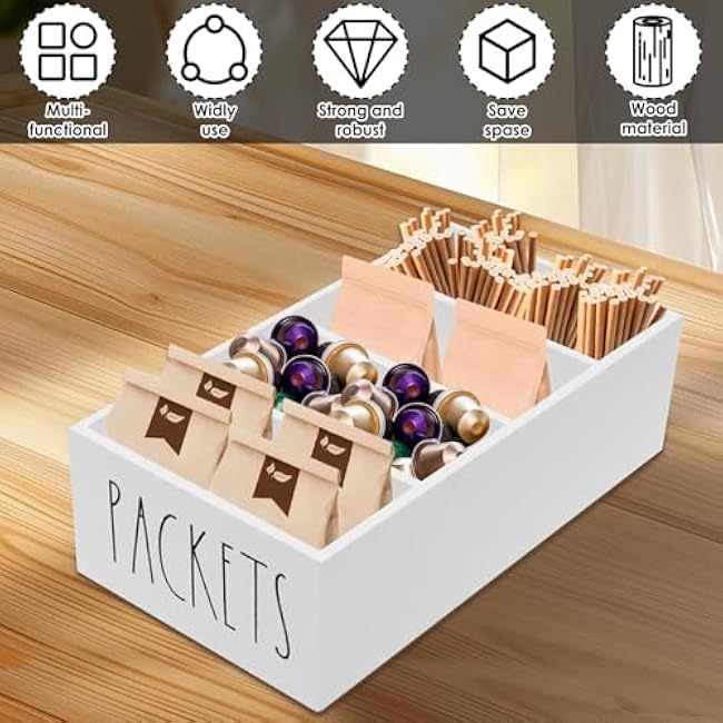 Wooden Seasoning Packet Organizer with 4 Compartments,10.63¡Á5.51¡Á3.15 inch Food Packet Storage Organizer Spice Holder with Dividers, Seasoning Storage Bins for Kitchen Pantry Cabinet Countertop(White)