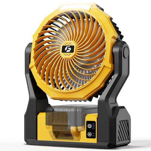 Battery Operated Fan for Dewalt 20V Max Battery 5.7m/s High Speed Rechargeable Portable Fan with USB Powered & 4 Speed & 2 Light for Camping Workshop Garage Jobsite (Not Included Battery) - Yellow