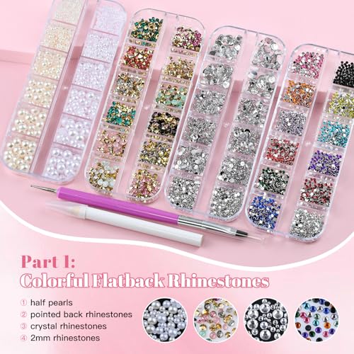 10 Boxes Nail Art Kit - 12 Colors Pointed/Flatback Rhinestones, 3D Gold/Silver/Rose Nail Studs, White Beige Half Pearls, Holographic Glitter & Foils + 3 Tools for DIY Nail Art Jewels & Crafts - Image 3