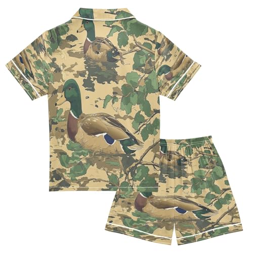Satin Pajama Sets Short Sleeve Ducks Swimming Among Greenery Button Down Silky Nightwear 2 Piece PJS 5-14Y2