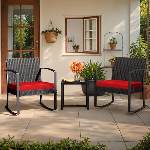 Image of Greesum 3 Piece Patio Furniture Set, All-Weather Imitation Rattan Conversation Set, Outdoor Rocking Chair Bistro Set with Glass Top Coffee Table for Pool, Deck, Porch, Garden or Balcony, Red