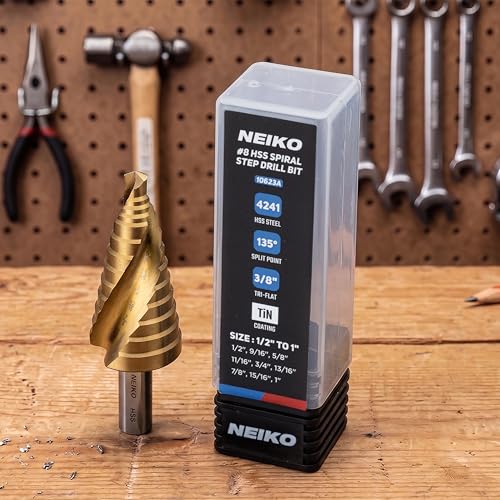 Image of NEIKO 10623A Step Drill Bit, 9 Steps 1 /2 inch to 1 inch Spiral High Speed Steel, Titanium Nitride Coated, 3 /8 inch Tri Flat Step Bits for Steel, Metal, Wood, Plastic, Unibit Cone Drill Bits, Two Flute