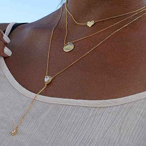espere CZ Pear Drop Lariat Necklace 16" with 2.75" Y Drop Adjustable, 3 Colors Available4