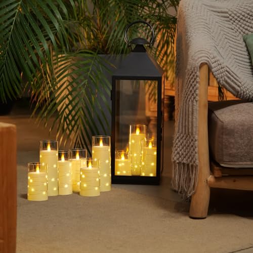 Image of Homemory 9 Pcs Flameless Candles with Embedded Star String Fairy Lights, Battery Operated Candles, LED Candle, Fake Candles with Remote Control and Timer (Ivory)