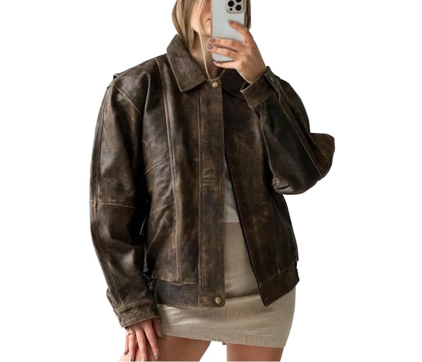 Women 80s Oversize Vintage Style Distressed Brown Lambskin Real Leather Classic Jacket