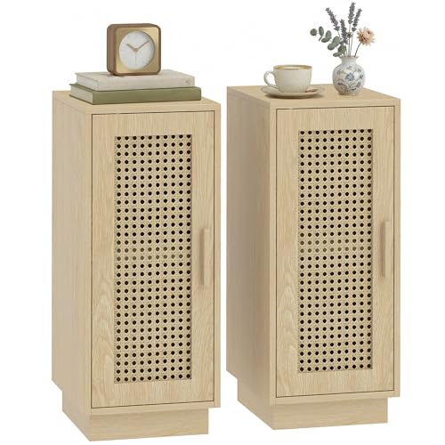 HOMCOM Lot de 2 Tables de Chevet, Tables de Nuit avec Étagère Réglable et Porte en Résine Tressée, Style Bohème, pour Chambre à Coucher, Salon, Bois...