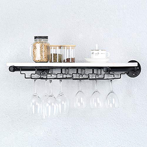 Industrielles Rohrregal zum Aufhängen von Stielgläsern, rustikales Wandregal, Weinregal mit 5 Glashaltern, Steampunk-Eisen, schwebende Barregale für Stielgläser, 61 cm, Metall/Echtholzregal Cover