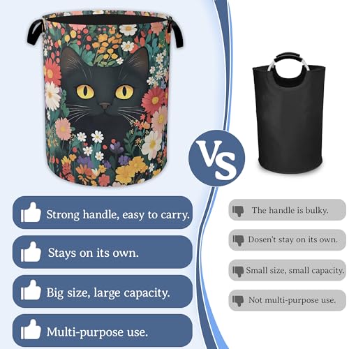 Image of Cute Funny Black Cat Laundry Basket,Oxford Cloth Flower Laundry Hamper With Handle Foldable Portable Clothes Storage Basket for Laundry Room /Bedroom /Bathroom 20.8 inchx16 inch