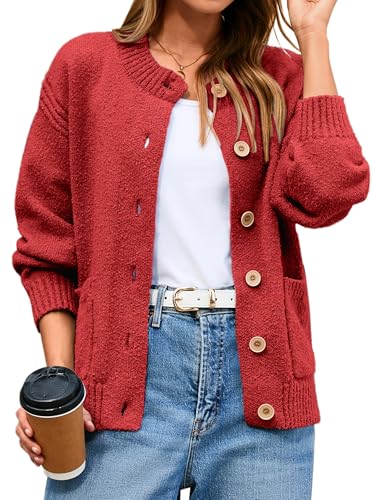 Glamaker Womens Fall Cardigans Sweaters Chunky Button Up Crew Neck Fuzzy Knit Long Sleeve Open Front Sweater Jacket