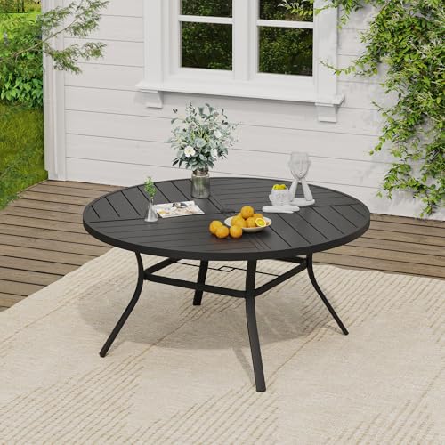 Image of VICLLAX Round Patio Table and Chairs, 9 Pieces Outdoor Dining Set of Metal Patio Table with Storage Shelf and 8 Wicker Patio Stackable Chairs for Porch Yard Garden, Black Tabletop