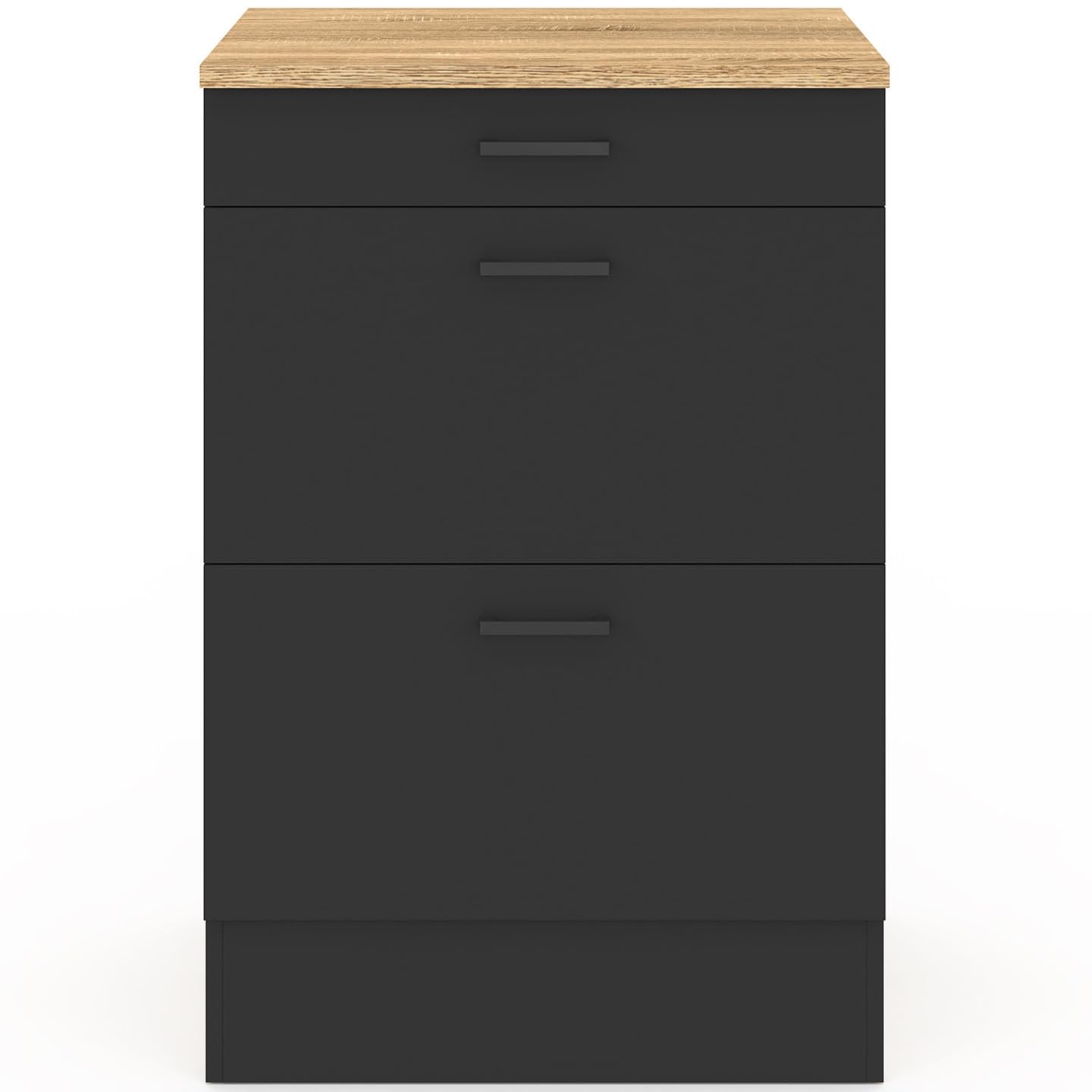IDMarket - Meuble Bas de Cuisine 60 cm Subtil appoint casserolier 3 tiroirs Bois et Noir