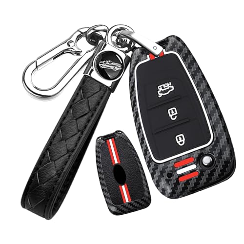 HIBEYO Folding Key Fob Cover Fit for Hyundai Elantra Solaris 2 Tucson I30 I35 I40 Ix35 Kona Genesis Santa Fe Azera Verna Accent Sonata Metal&Silicone Key Case-3 Button B Keychain(Red&White Lines)