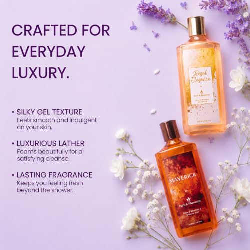 Image of Bath & Blossoms Maverick & Regal Elegance | Duo Shower Gel Collection | Bold Citrus & Spice meets Sweet Amber & Musk | 2 x 260 ml | Aloe Vera & Vitamin E | Vegan & Paraben Free | Premium Body Care | Luxury Gifting