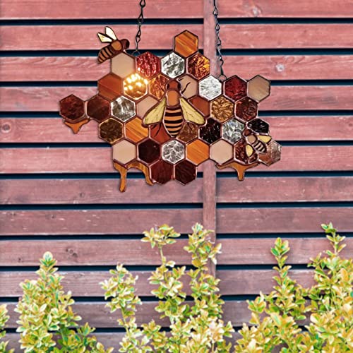 Honeycomb Bee Suncatcher - Honeybee Festival Wall Accessories Summer Decor,Handmade Bee Stained Glass Window Hanging For Mom Grandma Birthday Gifts (Style-01) #TOP3