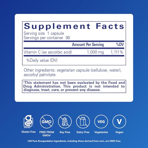 Pure Encapsulations Ascorbic Acid Capsules - 1,000 mg Vitamin C - Antioxidant & Immune Support* - High-Potency Vitamin C - Vegan & Non-GMO - 90 Capsules - Image 3