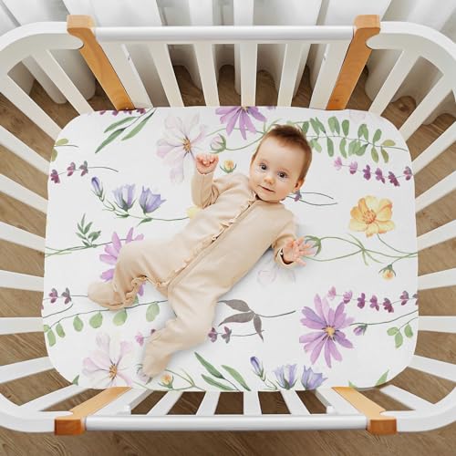 Image of CaTaKu Baby Crib Sheets Floral Flowers Lavender Mini Crib Sheets Fitted for Girls Boys,Neutral Soft Toddler Mattress Bed Sheets for Crib,27 inchx 39 inch