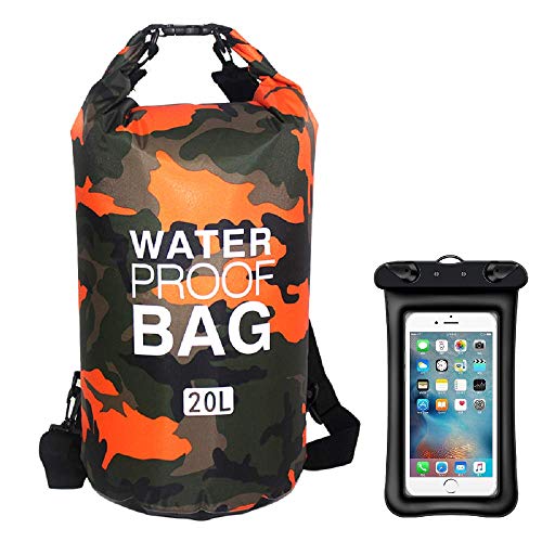 MARJAQE Floating Waterproof Dry Bag 2L/5L/10L/15L/20L/30L Roll Top Sack Keeps Gear Dry for Kayaking, Rafting, Boating, Swimming, Camping, Hiking, Beach, Fishing (Orange Camouflage,30L)