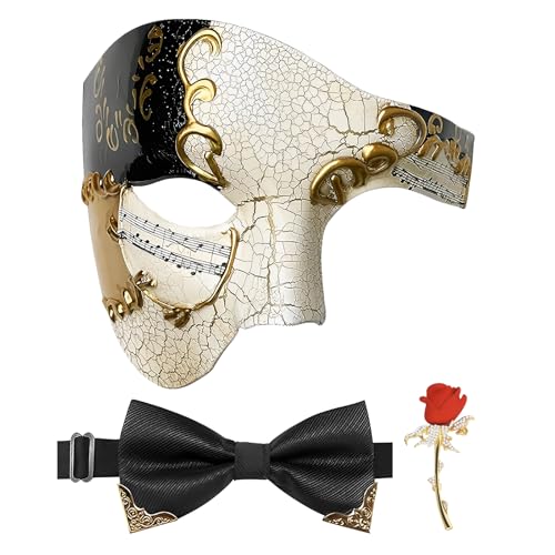 IncreDecor Mens Masquerade Mask Phantom of the Opera Mask with Bowtie and Rose Brooch Pin Venetian Mask for Halloween Party