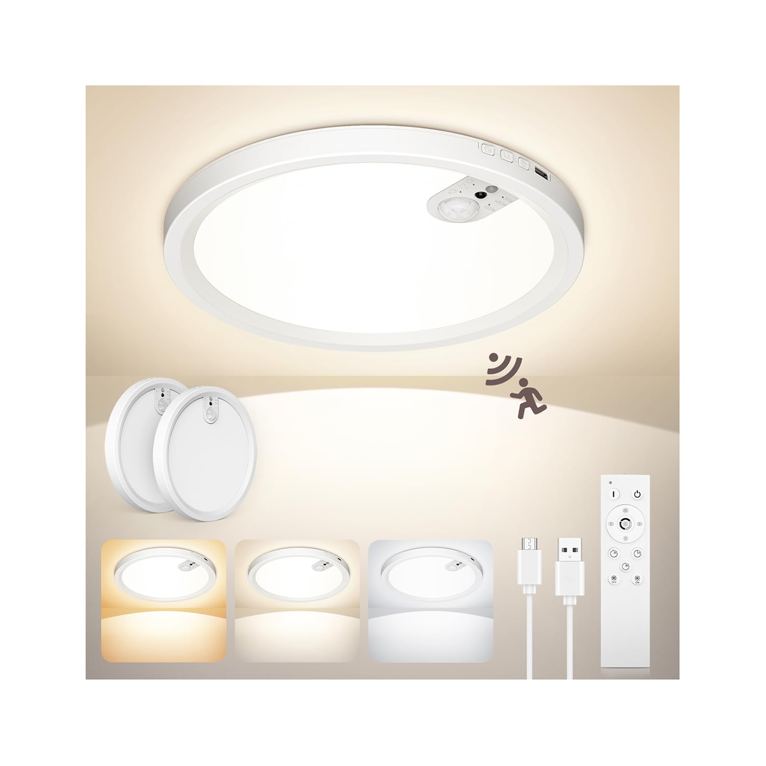 Uwithm Deckenleuchte mit Bewegungsmelder,7000mAh LED Deckenlampe Akku Aufladbar,Dimmbar,3 Farbtemperaturen,Fernbedienung mit Timer,Deckenlampe ohne stromanschluss für Badezimmer, Flur,Garage（2 Stück）