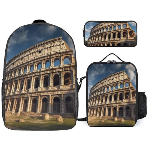 3 Piece Backpack for Women Men Lightweight Causal Daypack Shoulder Bag Set with Insulated Lunch Bag And Pencil Case Organizers Ancient Architecture