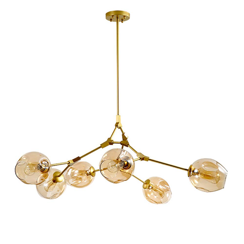 CSXSXAUO Adjustable Height Nordic Glass Ball Chandelier - Matte Black Pendant Light with 6 E26 Amber Gold Globe Fixtures Mid Century Metal Hand-Blown Branch Design