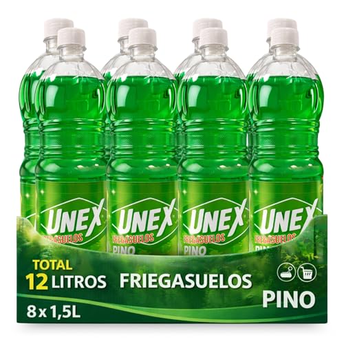 Friegasuelos aroma Pino, Limpiador de suelos olor a Pino, Con un perfume intenso y duradero, Combate malos olores, ideal para conseguir un suelo reluciente y no dejar huellas,8 botellas de 1.50 Litros
