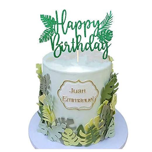 1 PCS Tropical Palm Leaves Happy Birthday Cake Topper Green Glitter Hawaii Luau Plant Leaf Cake Pick Tropical Theme Baby Shower Birthday Party Decorations Supplies