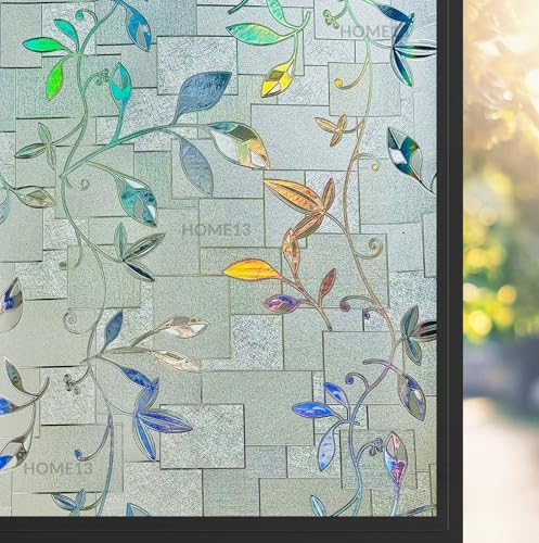 Image of HOME13 Window Privacy Film Frosted Glass Film Decorative Window Sticker Removable Window Film Home Office Privacy Film Window Coverings (Rainbow Leafs, 1 Feet by 7 Feet)