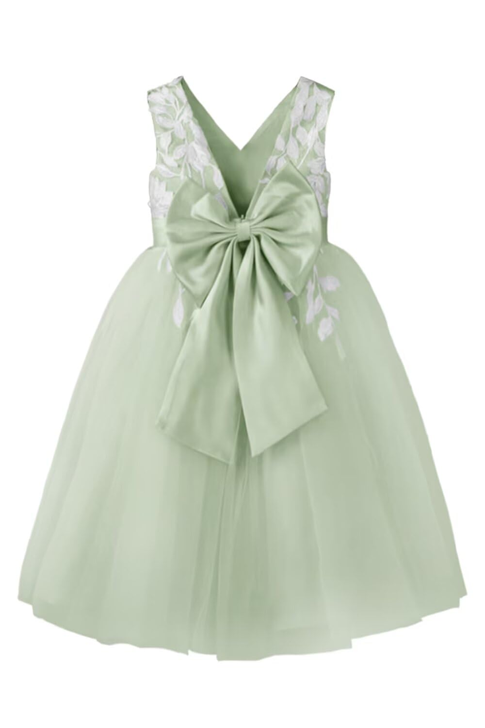 Inpown Flower Girl Dress for Wedding Tea Length Lace Applique Tulle Princess Kids Birthday Pageant Party Gown with Bow-Knot