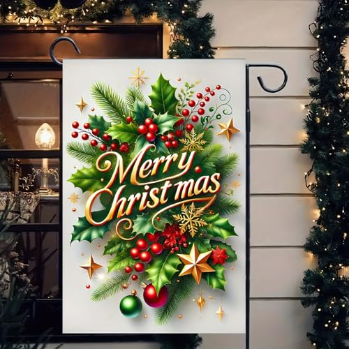 Image of BlissYard Christmas Holly Garden Flag 12x18 Inch Polyester | Double sided polyester, Christmas holly berries ornaments design, classic holiday decor for holiday porch and yard