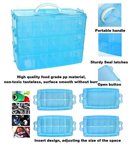 Image of 30 grid 3 layer plastic box for jewellery cells multipurpose plastic storage box with removable dividers for medicine pills, jewelry, pins, screws, cosmetics, stationery items,color-blue.