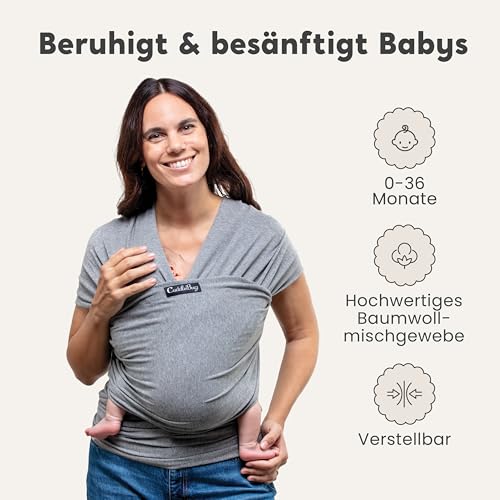 CuddleBug Babytragetuch ab Geburt bis 36 Monate (3,2-15,8 kg) - Kuscheliges & Elastisches Tragetuch Baby, Verstellbar von XS bis XXL, Stillfreundlich & Einfach zu Binden (Grau)
