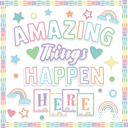Amazing Things Happen Here Bulletin Board Rainbow Bulletin Board Decoration Set Inspirational Welcome Back to School Pastel Classroom Decorations Chalkboard Door Wall Decor