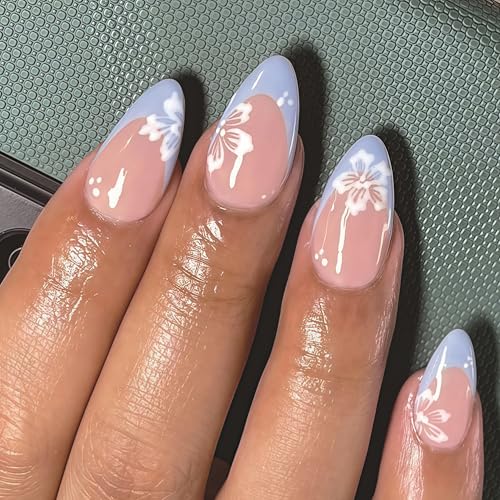 Blue French Tips Press on Nails Medium Almond with White Flower Design Glossy Spring Summer Blue Blossom Reusable Fake Nails for Women Girls Manicure Decoration 24pcs