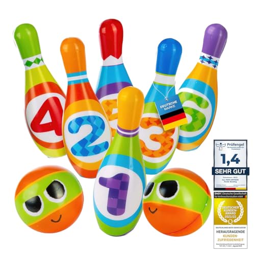 all Kids United® Jeu de quilles pour Enfants Set de Bowling XXL avec quilles Souples en PU et 2 Boules ; Jouet éducatif pour l'intérieur & l'extérieur en Mousse (Lot...