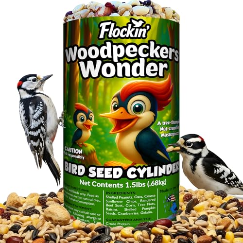 Woodpecker Bird Seed Cylinders with Hole Premium Woodpecker Food Blend with Sunflower Chips Peanuts & Suet Natural High Energy Bird Seed No Filler No Shell No Mess USA Made (4 x 7.75)