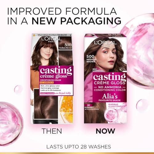 Image of L'Oreal Paris Casting Creme Gloss Hair Color With Glycolic Gloss Complex |Alia's Favourite Shade| Shade 500 - Medium Brown | 60g + 40g + 60ml